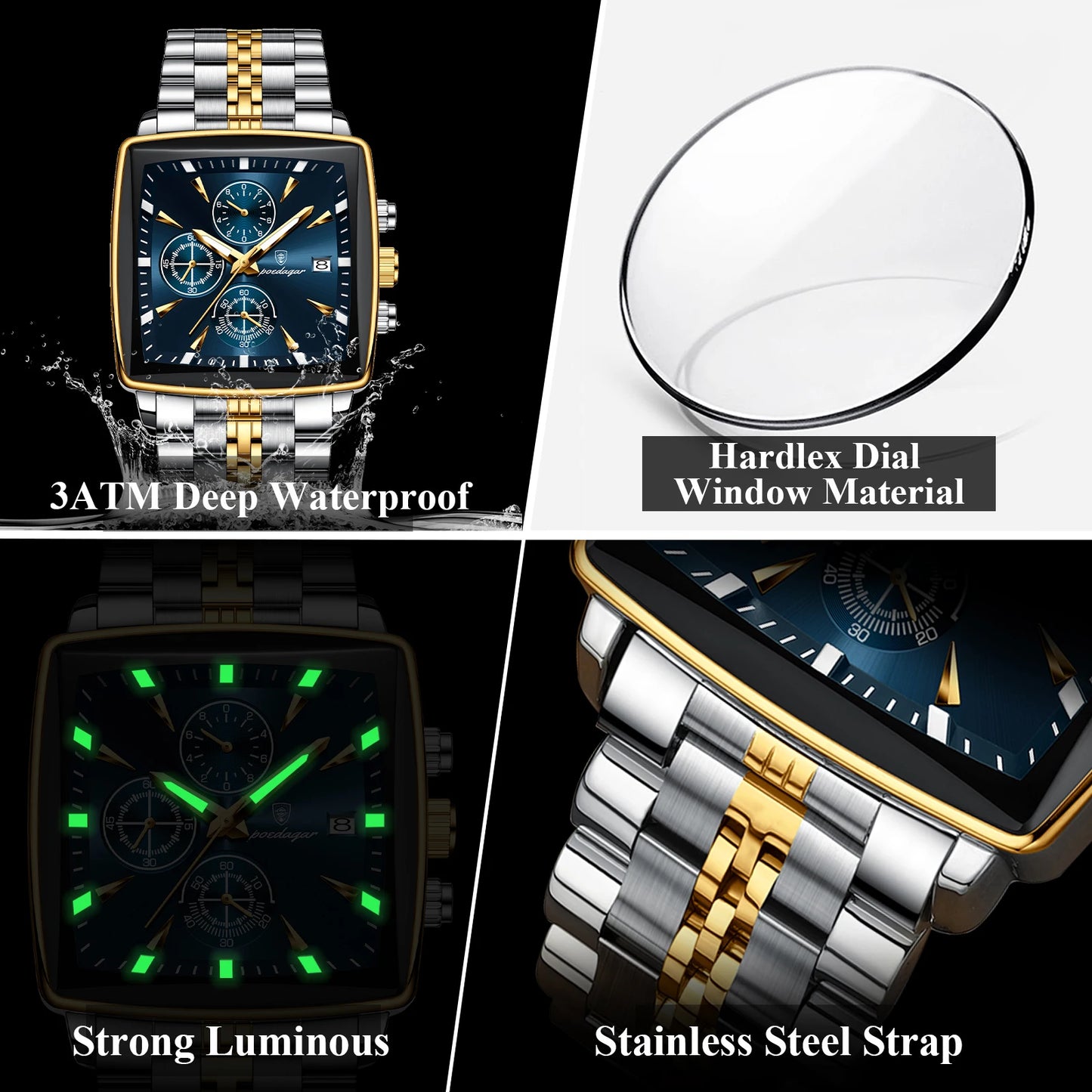 POEDAGAR Luxury Men's Wristwatch-Quartz Stainless Steel Waterproof Chronograph Date Man Wristwatch Square Stainless Steel Quartz Men's Watches Reloj