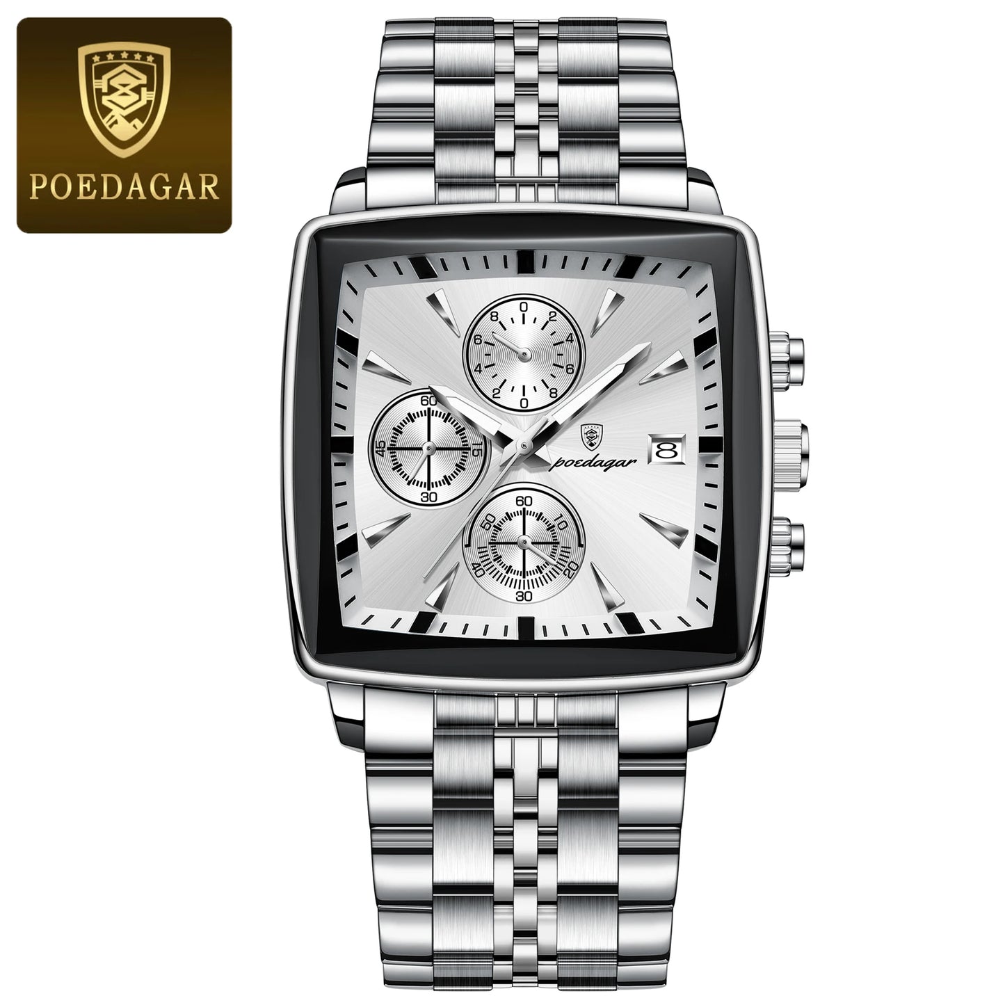 POEDAGAR Luxury Men's Wristwatch-Quartz Stainless Steel Waterproof Chronograph Date Man Wristwatch Square Stainless Steel Quartz Men's Watches Reloj