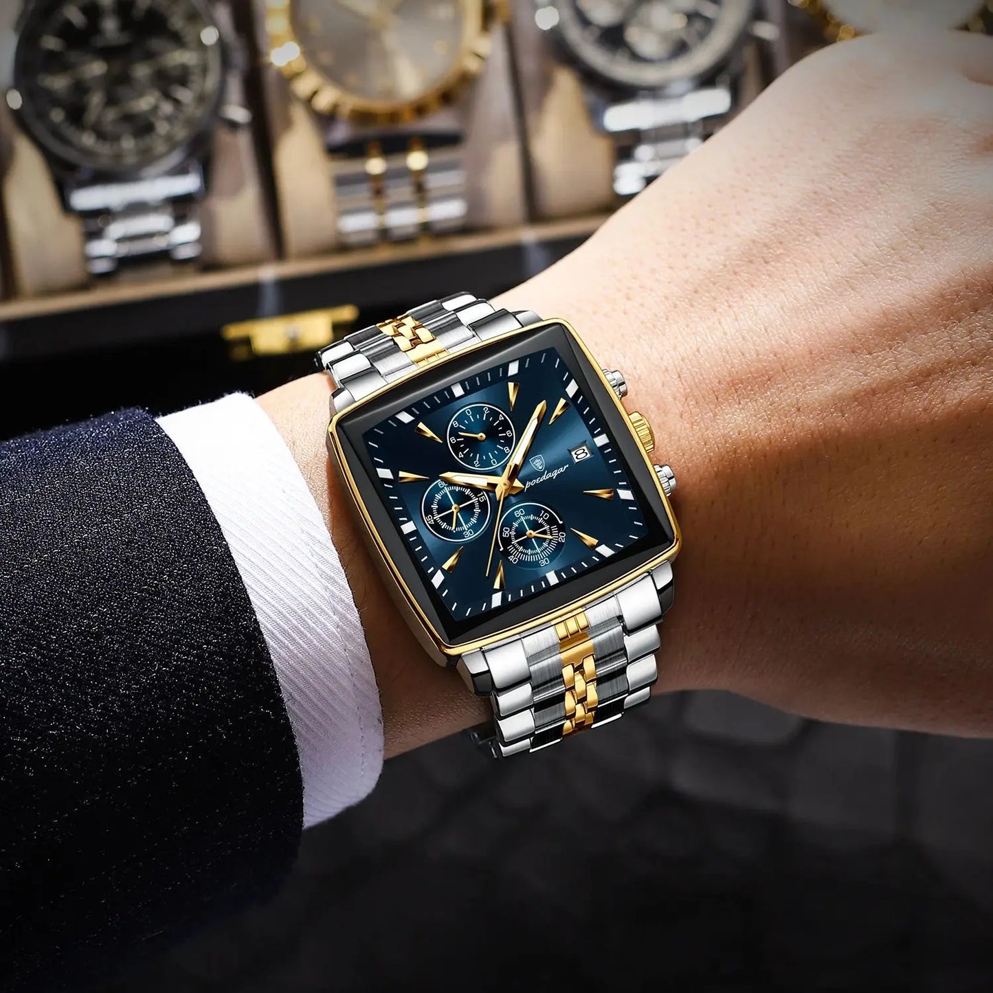 POEDAGAR Luxury Men's Wristwatch-Quartz Stainless Steel Waterproof Chronograph Date Man Wristwatch Square Stainless Steel Quartz Men's Watches Reloj