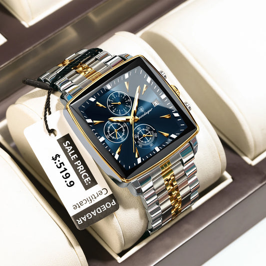 POEDAGAR Luxury Men's Wristwatch-Quartz Stainless Steel Waterproof Chronograph Date Man Wristwatch Square Stainless Steel Quartz Men's Watches Reloj
