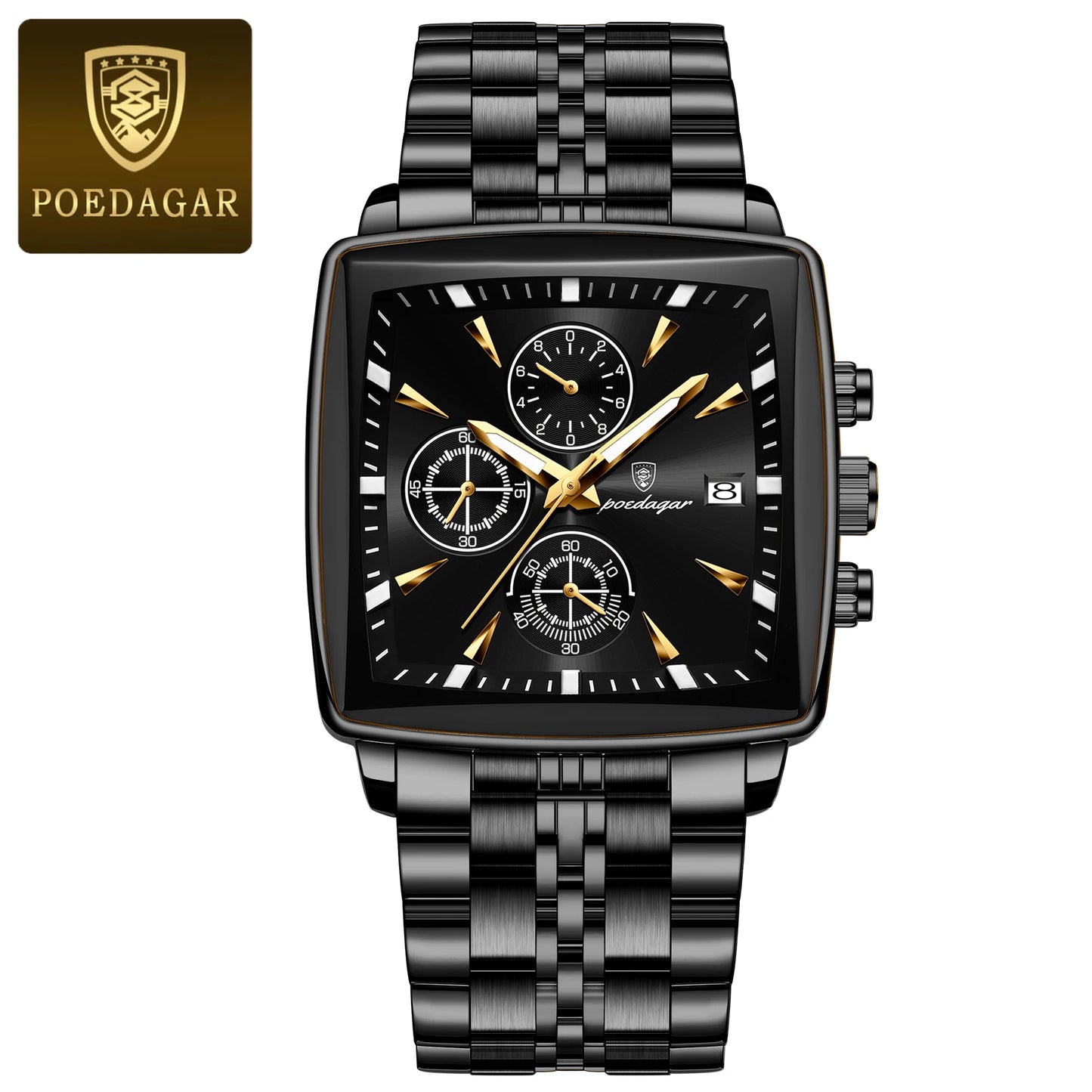 POEDAGAR Luxury Men's Wristwatch-Quartz Stainless Steel Waterproof Chronograph Date Man Wristwatch Square Stainless Steel Quartz Men's Watches Reloj