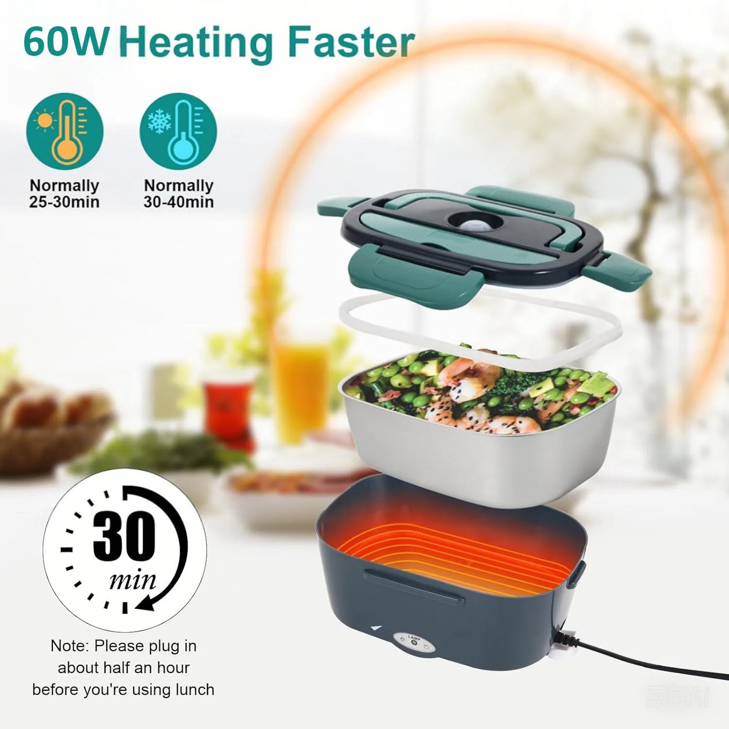 Electric Heating Lunch Box - Portable for office, Car, Home , Easy to carry anywhere you go