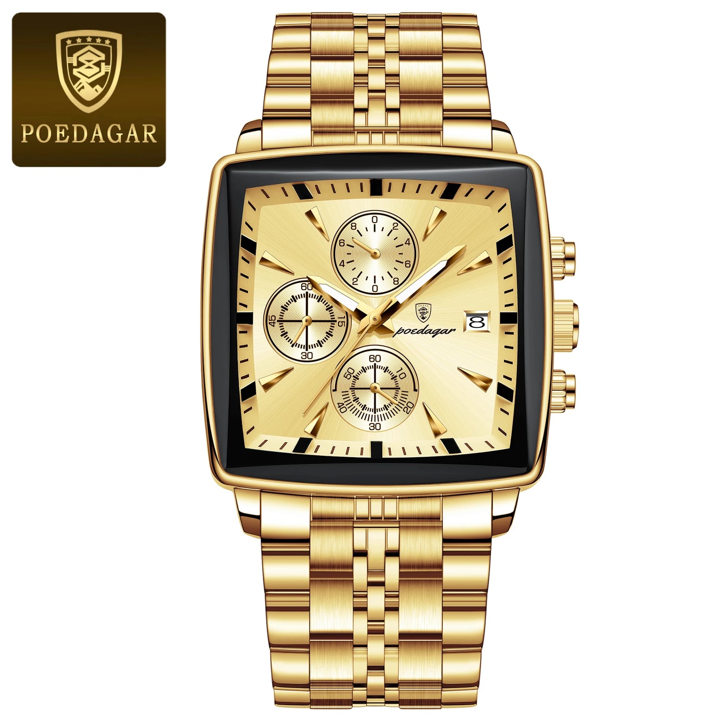 POEDAGAR Luxury Men's Wristwatch-Quartz Stainless Steel Waterproof Chronograph Date Man Wristwatch Square Stainless Steel Quartz Men's Watches Reloj