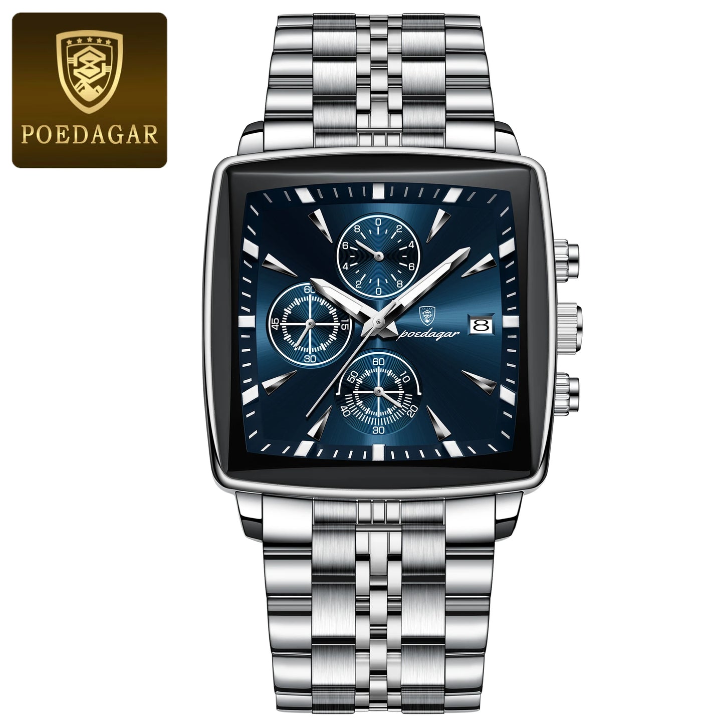 POEDAGAR Luxury Men's Wristwatch-Quartz Stainless Steel Waterproof Chronograph Date Man Wristwatch Square Stainless Steel Quartz Men's Watches Reloj