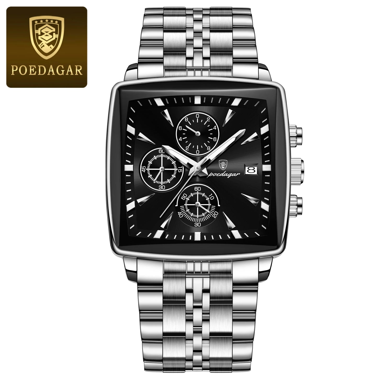 POEDAGAR Luxury Men's Wristwatch-Quartz Stainless Steel Waterproof Chronograph Date Man Wristwatch Square Stainless Steel Quartz Men's Watches Reloj