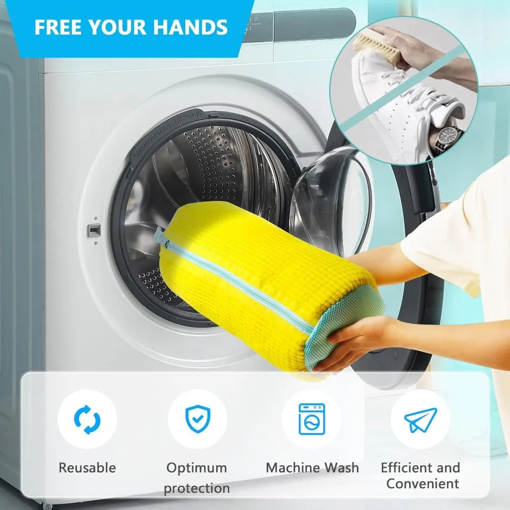 Durable Shoe Washing Machine Bag -360°Fluffy Fiber surround Cleaning, Reusable & strong for All Shoes [Yellow]