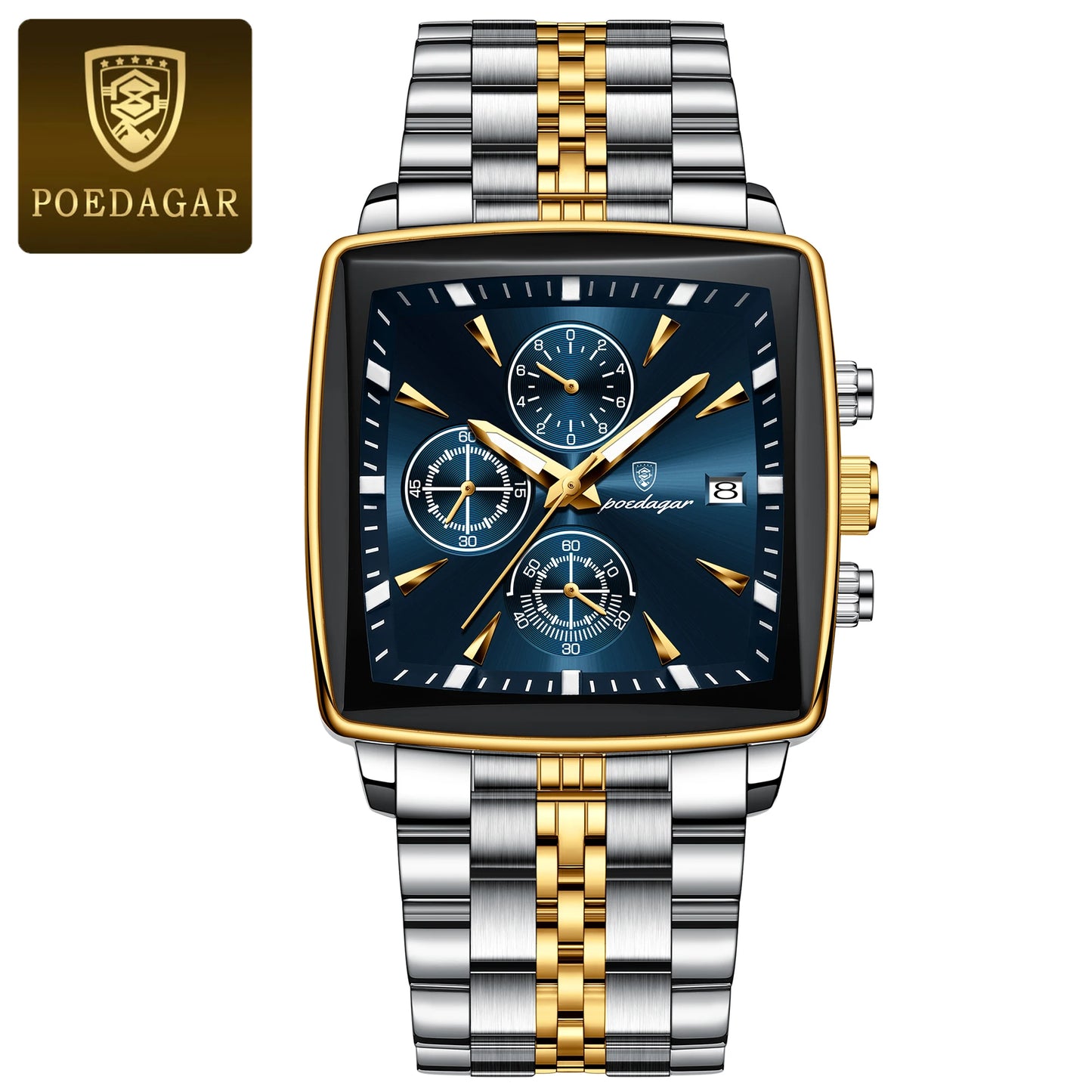 POEDAGAR Luxury Men's Wristwatch-Quartz Stainless Steel Waterproof Chronograph Date Man Wristwatch Square Stainless Steel Quartz Men's Watches Reloj