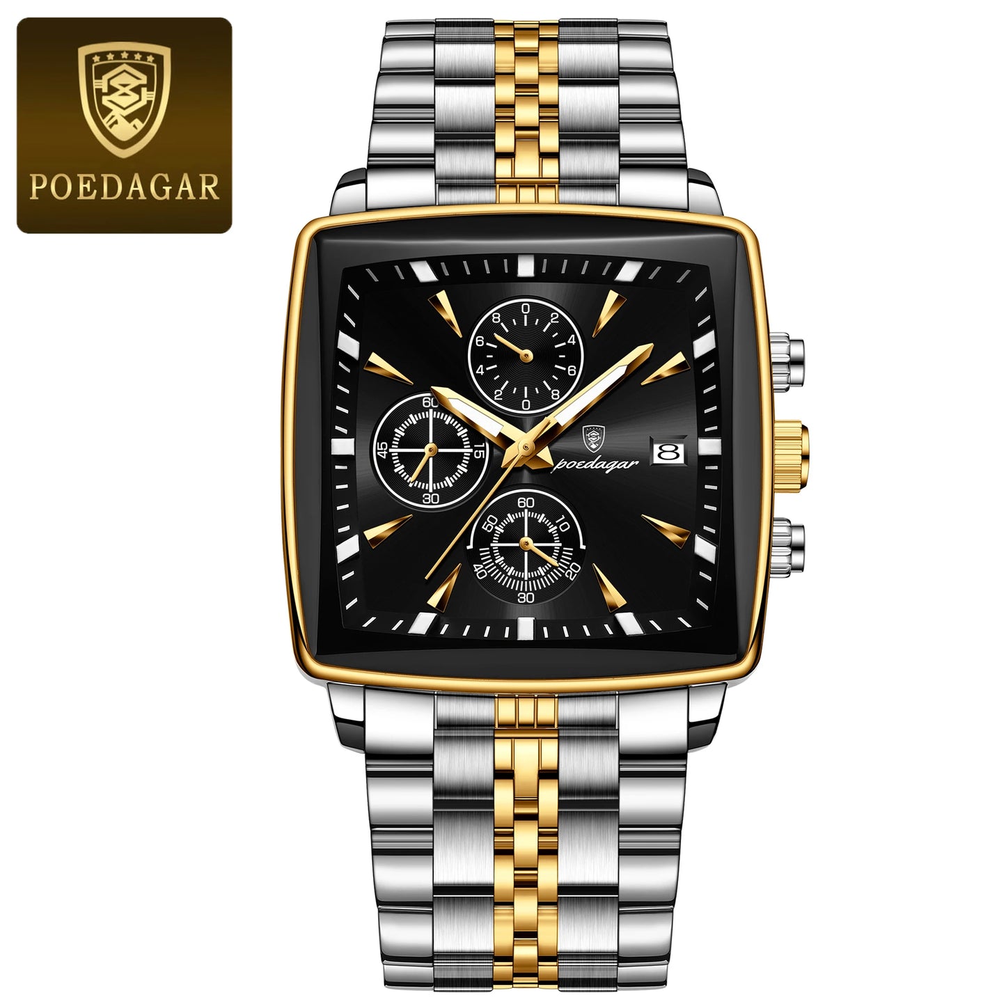 POEDAGAR Luxury Men's Wristwatch-Quartz Stainless Steel Waterproof Chronograph Date Man Wristwatch Square Stainless Steel Quartz Men's Watches Reloj