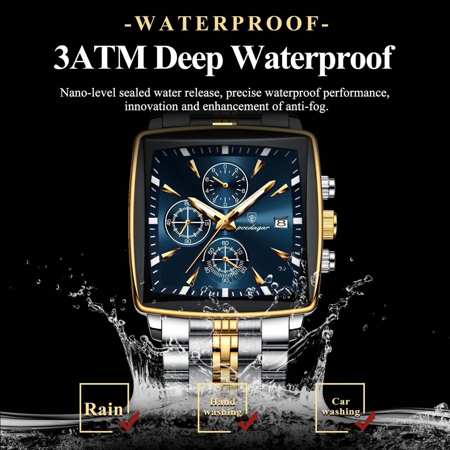 POEDAGAR Luxury Men's Wristwatch-Quartz Stainless Steel Waterproof Chronograph Date Man Wristwatch Square Stainless Steel Quartz Men's Watches Reloj