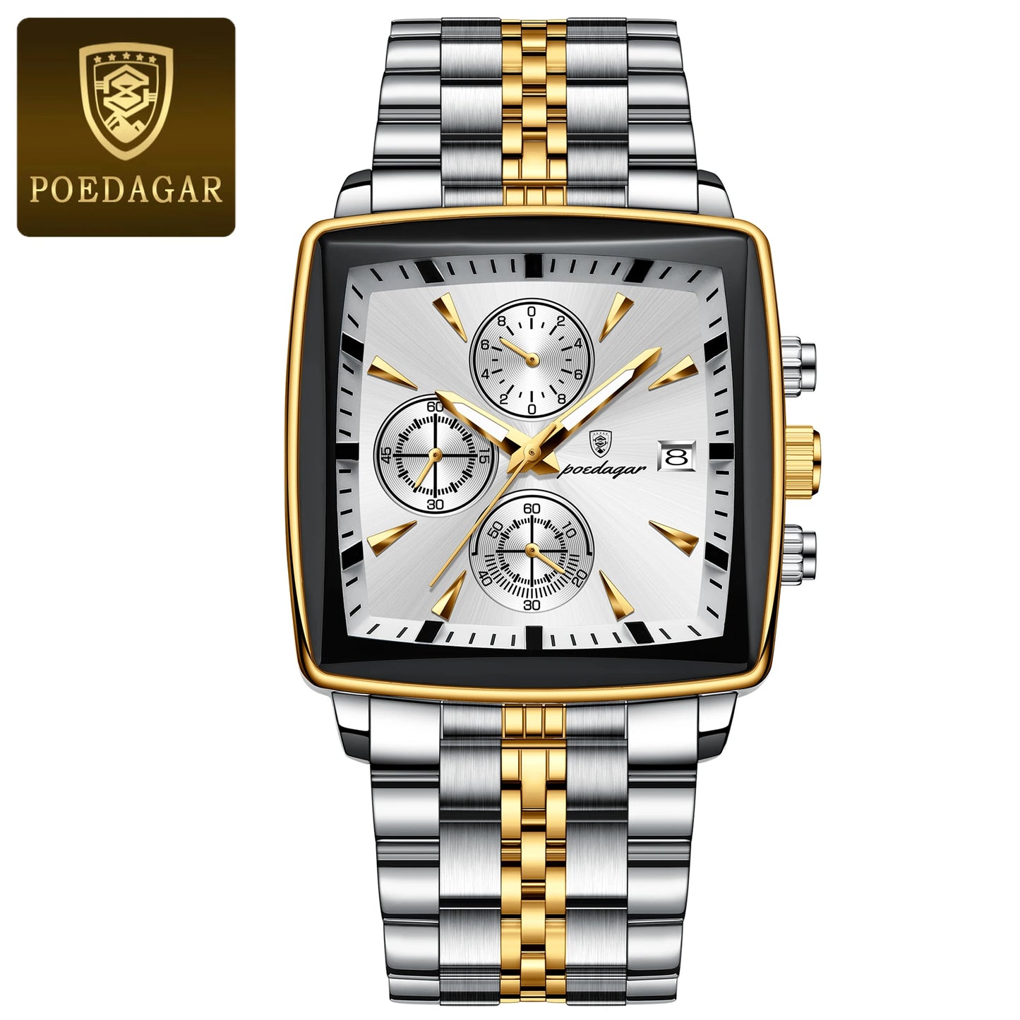 POEDAGAR Luxury Men's Wristwatch-Quartz Stainless Steel Waterproof Chronograph Date Man Wristwatch Square Stainless Steel Quartz Men's Watches Reloj